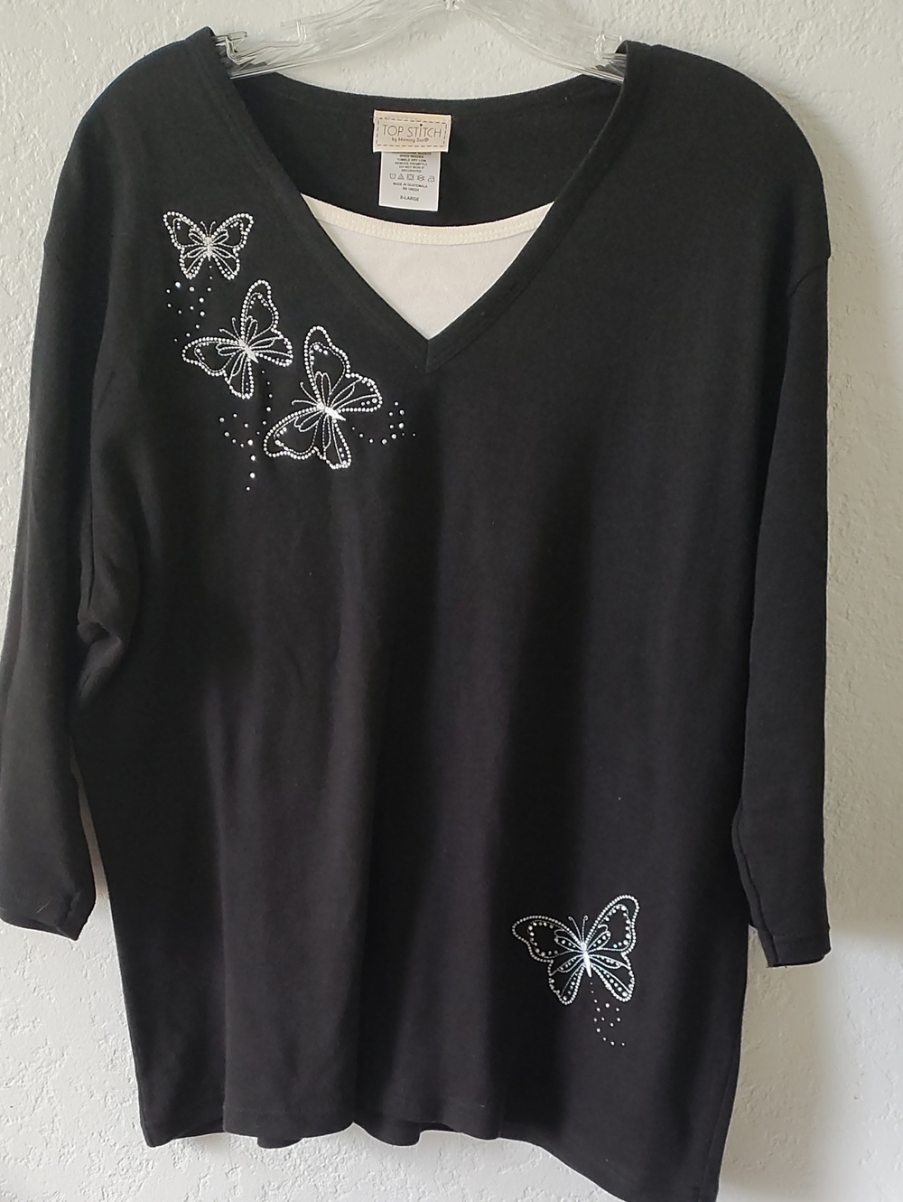 Vintage Top Stitch Black V-Neck Butterfly Embellished Top, 80s, 90s, XL